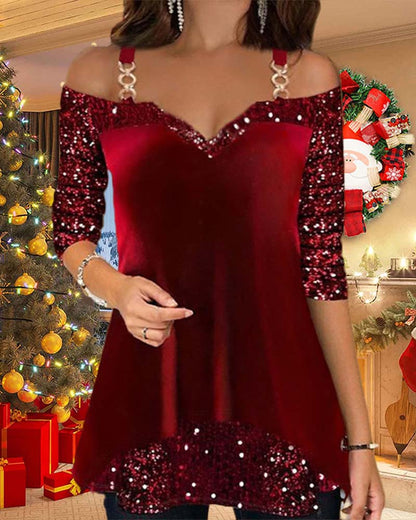 Off-the-shoulder sequined christmas top