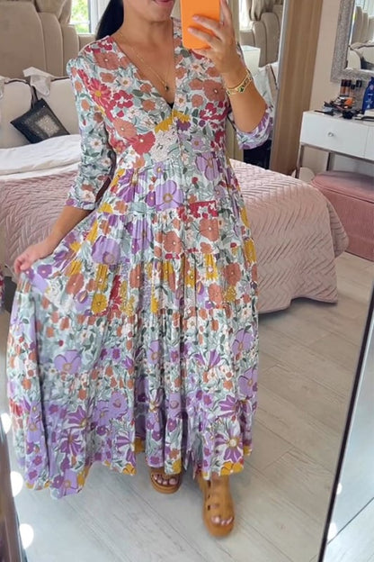 💃Casual floral print V-neck waist wrap long dress