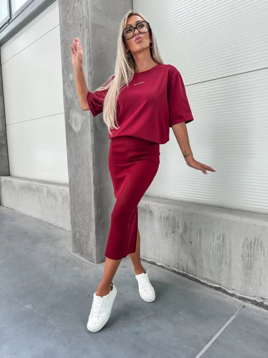 Casual simple ribbed skirt suit