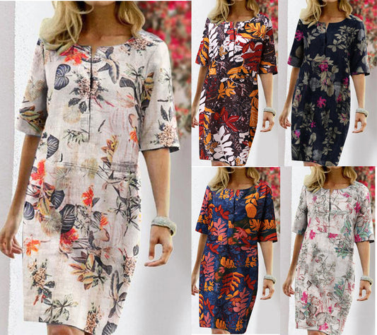 Floral Printed Sundress Cotton Linen Party Short Dress